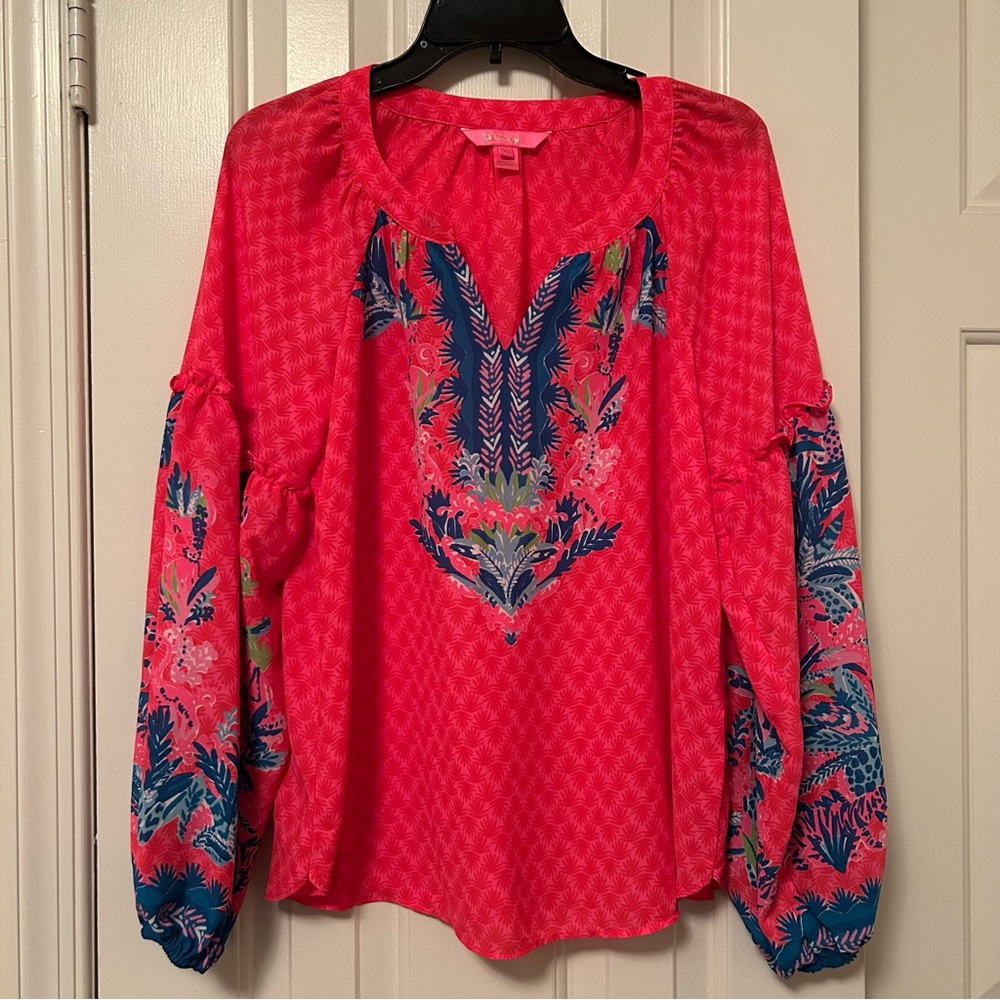 Lilly Pulitzer Zaid Long Sleeve Top Ruby Red Herd You Coming Size XS NWOT